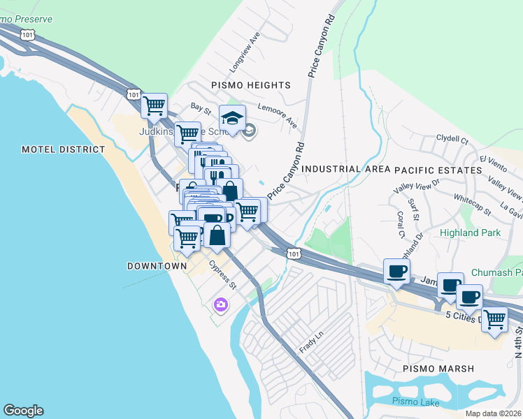 map of restaurants, bars, coffee shops, grocery stores, and more near 472 Bello Street in Pismo Beach