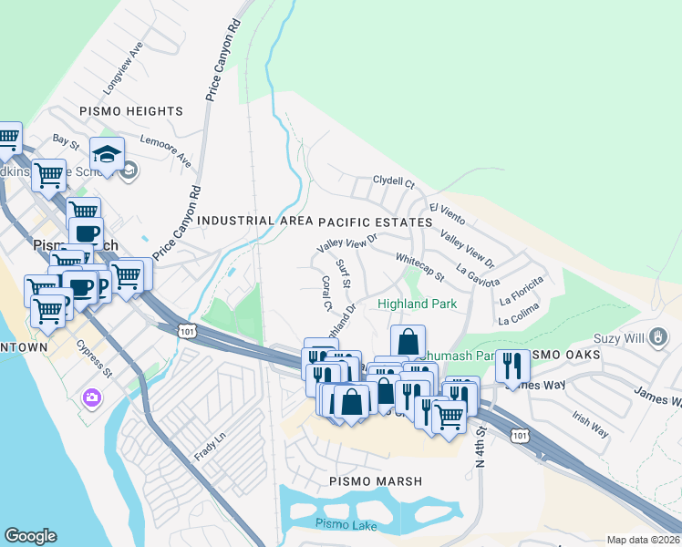 map of restaurants, bars, coffee shops, grocery stores, and more near 171 Surf Street in Pismo Beach