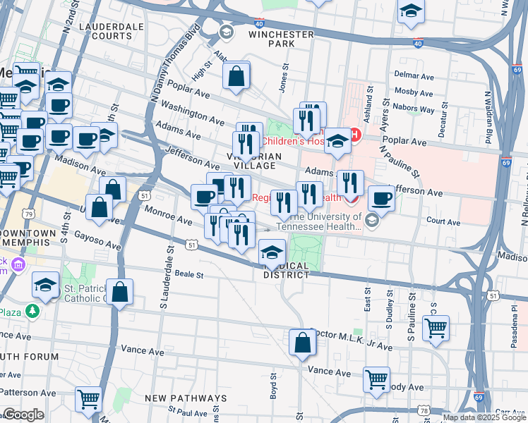 map of restaurants, bars, coffee shops, grocery stores, and more near 22 North Orleans Street in Memphis