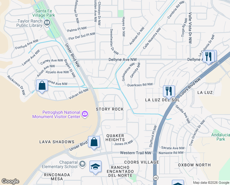 map of restaurants, bars, coffee shops, grocery stores, and more near 6001 Arrow Point Road Northwest in Albuquerque