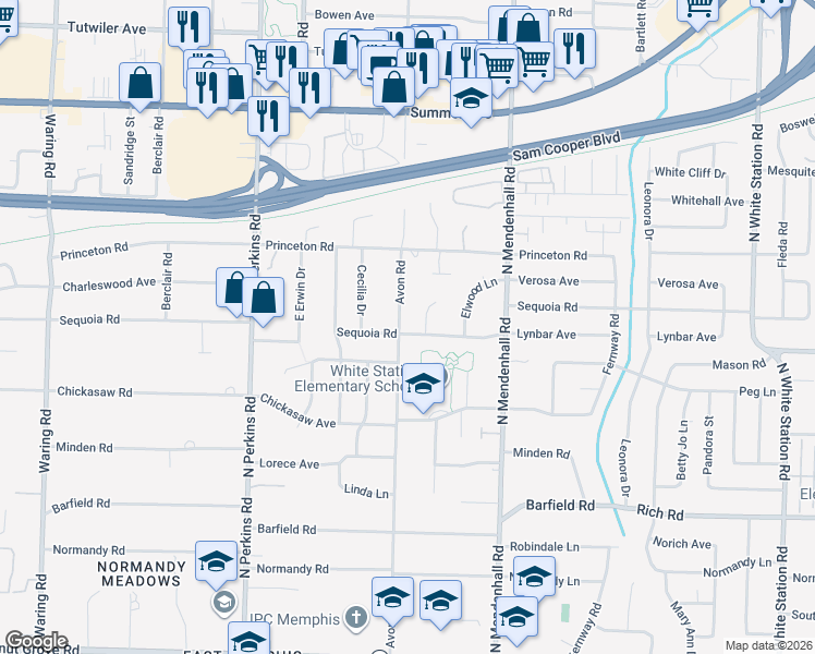 map of restaurants, bars, coffee shops, grocery stores, and more near 401 Avon Road in Memphis