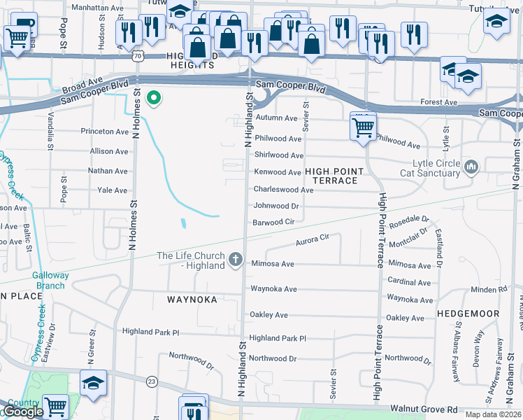 map of restaurants, bars, coffee shops, grocery stores, and more near 370 North Highland Street in Memphis
