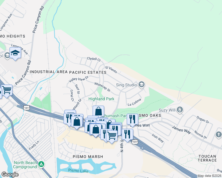 map of restaurants, bars, coffee shops, grocery stores, and more near 73 La Gaviota in Pismo Beach