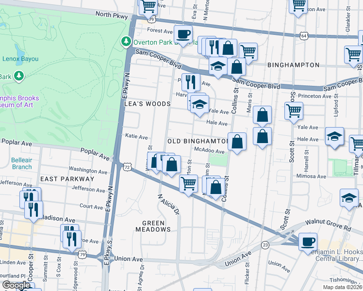 map of restaurants, bars, coffee shops, grocery stores, and more near 2485 Hollins Avenue in Memphis