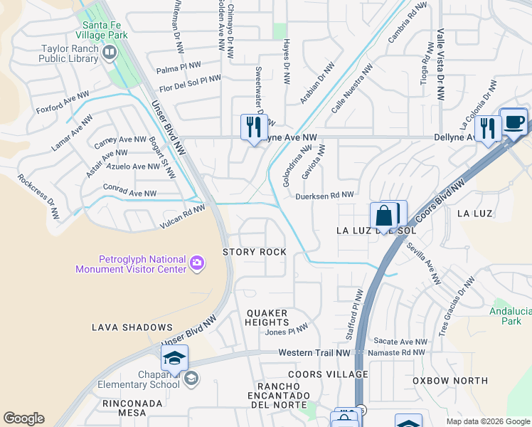 map of restaurants, bars, coffee shops, grocery stores, and more near 6001 Arrow Point Road Northwest in Albuquerque
