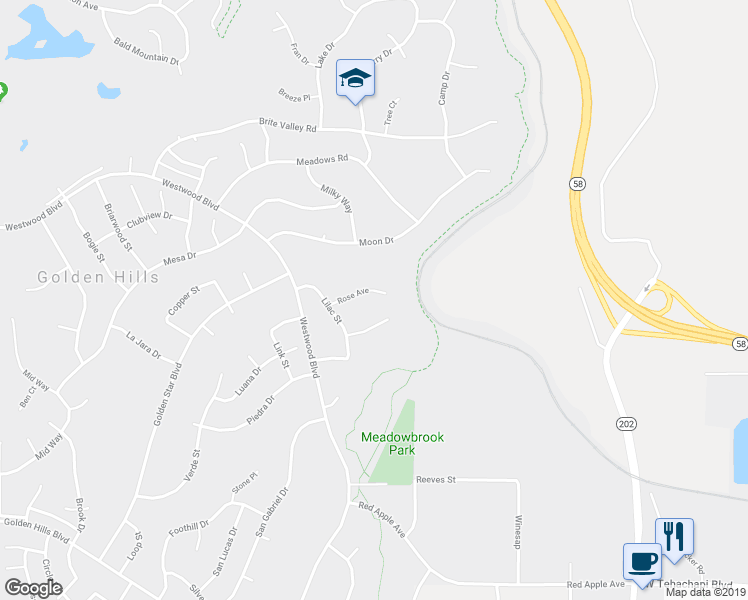 map of restaurants, bars, coffee shops, grocery stores, and more near 19512 Rose Avenue in Tehachapi