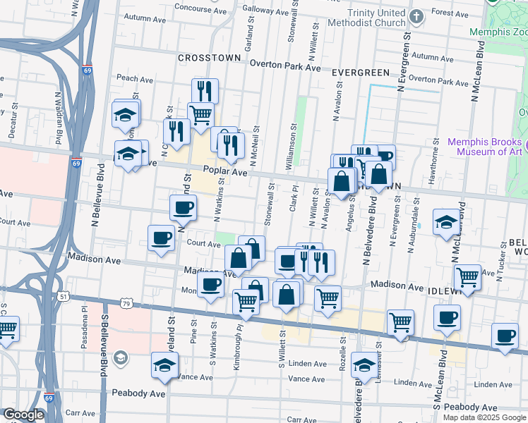 map of restaurants, bars, coffee shops, grocery stores, and more near 123 Stonewall Street in Memphis
