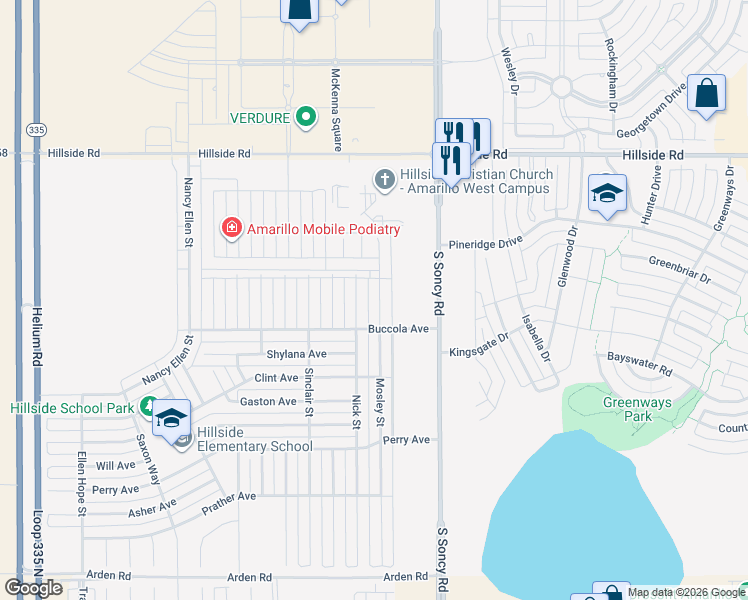 map of restaurants, bars, coffee shops, grocery stores, and more near 6407 Nick Street in Amarillo
