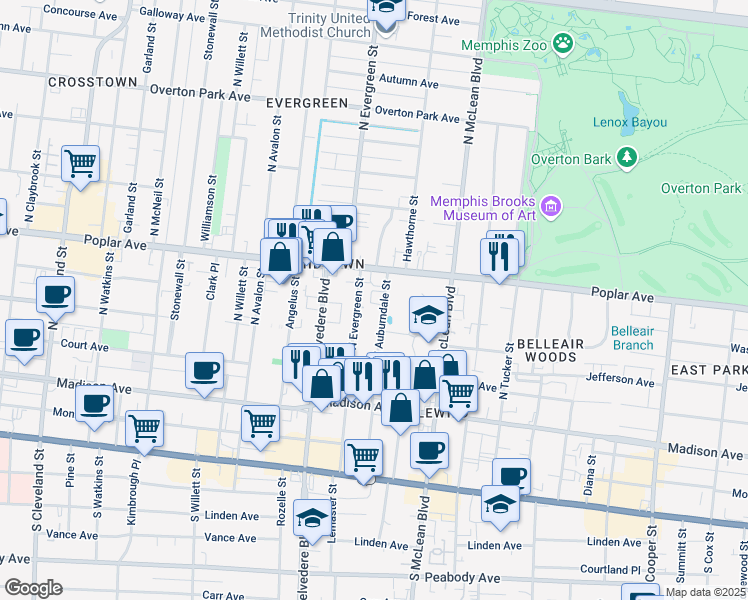 map of restaurants, bars, coffee shops, grocery stores, and more near 151 North Evergreen Street in Memphis