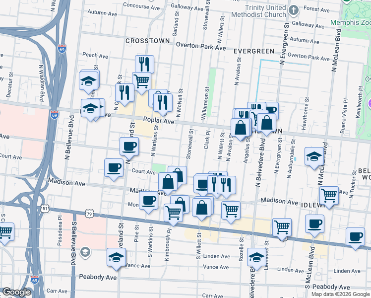 map of restaurants, bars, coffee shops, grocery stores, and more near 128 Stonewall Street in Memphis