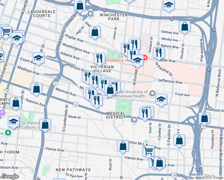 map of restaurants, bars, coffee shops, grocery stores, and more near 740 Court Avenue in Memphis