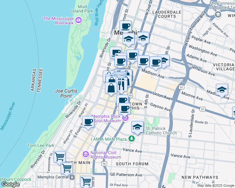 map of restaurants, bars, coffee shops, grocery stores, and more near 149 U.S. 79 in Memphis