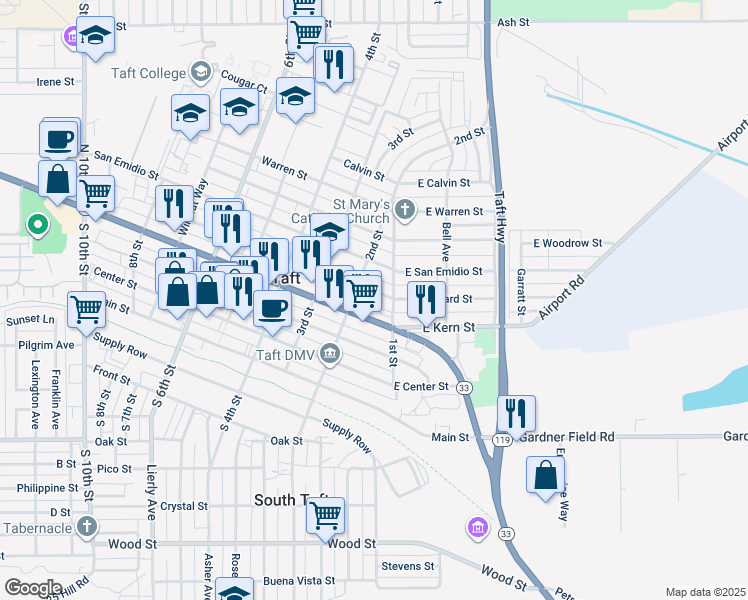map of restaurants, bars, coffee shops, grocery stores, and more near 121 Lucard Street in Taft
