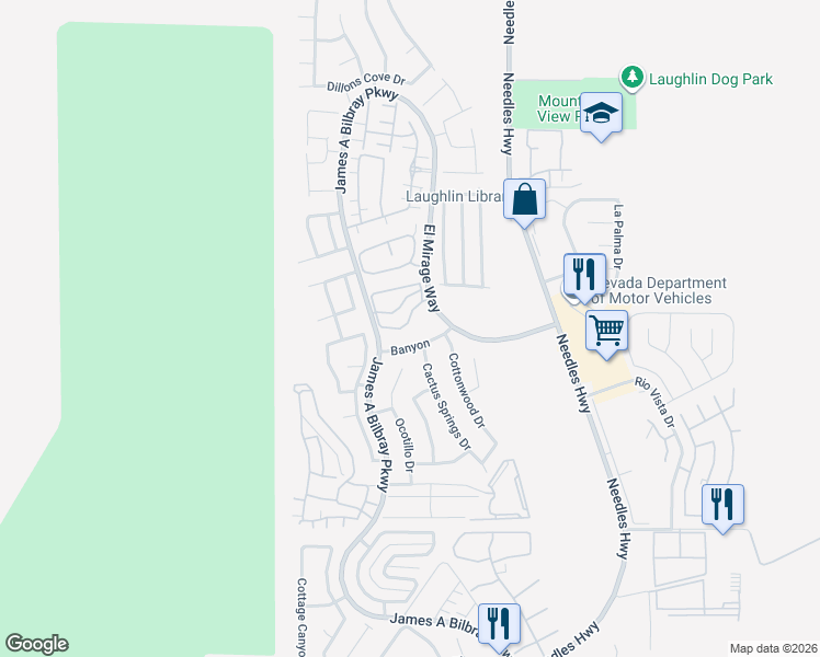 map of restaurants, bars, coffee shops, grocery stores, and more near 2191 Bay Club Drive in Laughlin
