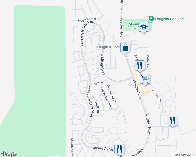 map of restaurants, bars, coffee shops, grocery stores, and more near 2191 Bay Club Drive in Laughlin