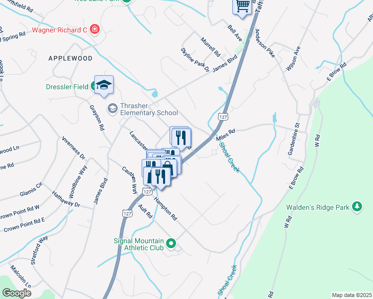 map of restaurants, bars, coffee shops, grocery stores, and more near 1315 Taft Hwy in Signal Mountain