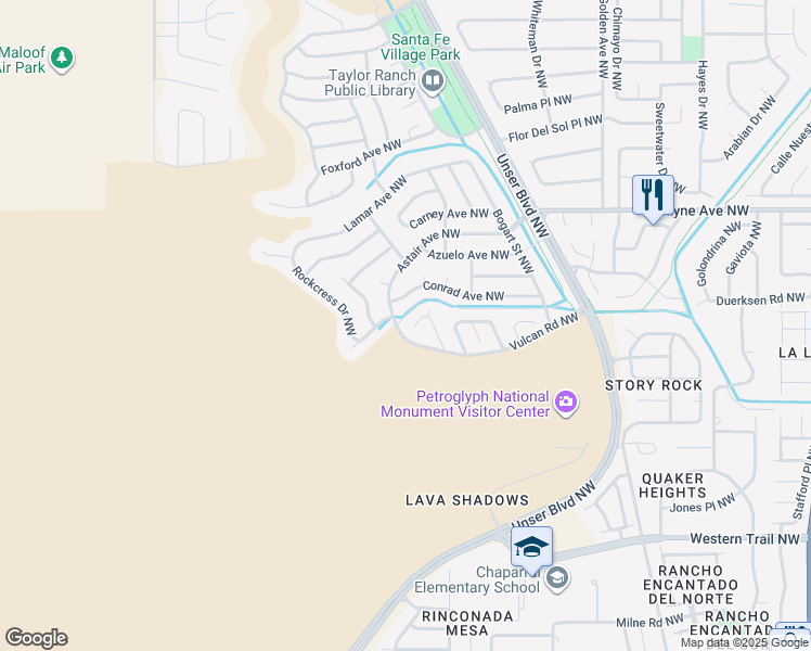 map of restaurants, bars, coffee shops, grocery stores, and more near 4973 Butte Place Northwest in Albuquerque