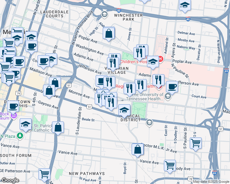 map of restaurants, bars, coffee shops, grocery stores, and more near 22 North Orleans Street in Memphis