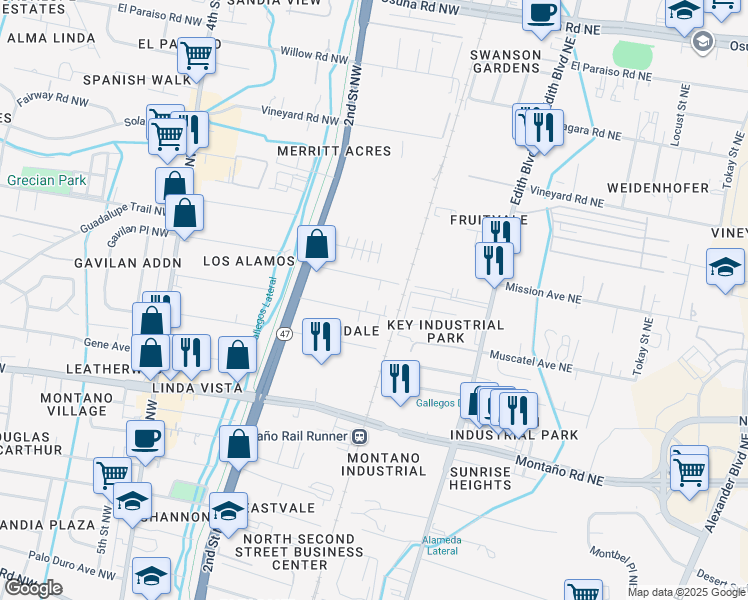 map of restaurants, bars, coffee shops, grocery stores, and more near 5908 Lora Court Northwest in Albuquerque