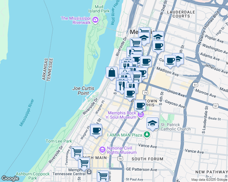 map of restaurants, bars, coffee shops, grocery stores, and more near 123 South Front Street in Memphis