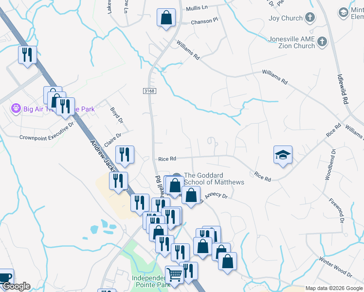 map of restaurants, bars, coffee shops, grocery stores, and more near 2103 Hadley Court in Matthews