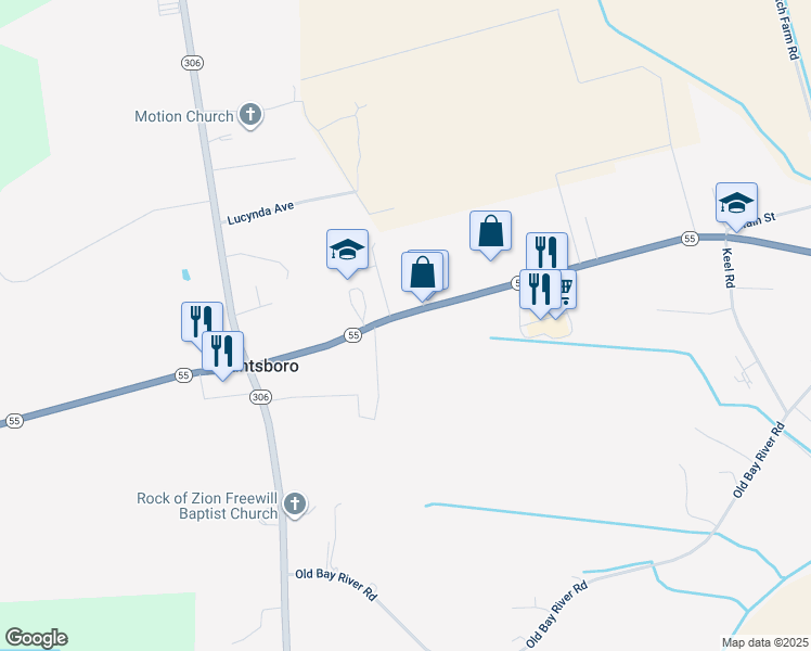 map of restaurants, bars, coffee shops, grocery stores, and more near 11416 North Carolina 55 in Grantsboro