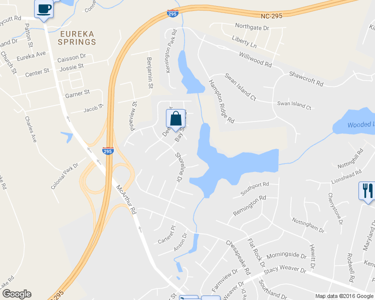 map of restaurants, bars, coffee shops, grocery stores, and more near 5407 Woodard Court in Fayetteville