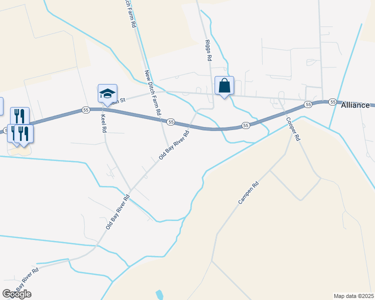 map of restaurants, bars, coffee shops, grocery stores, and more near 1812 Old Bay River Road in Grantsboro