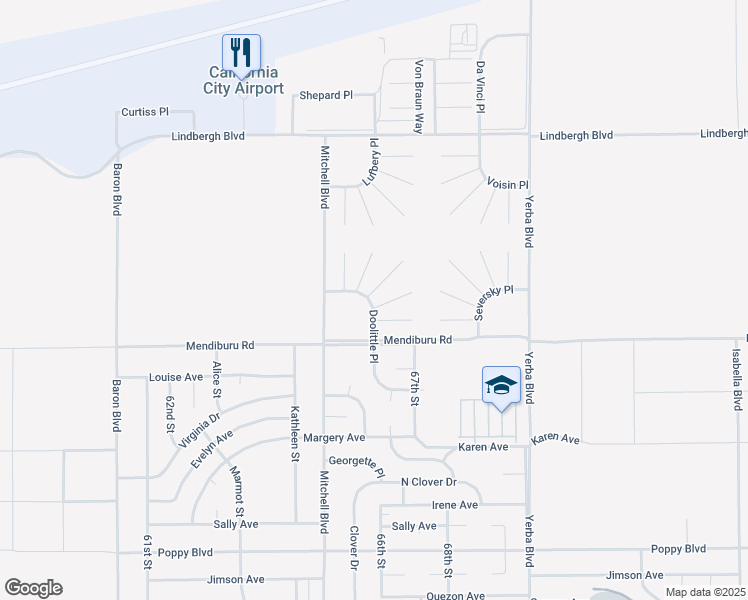 map of restaurants, bars, coffee shops, grocery stores, and more near 6605 Galland Court in California City
