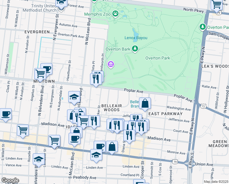 map of restaurants, bars, coffee shops, grocery stores, and more near 1 Belleair Drive in Memphis