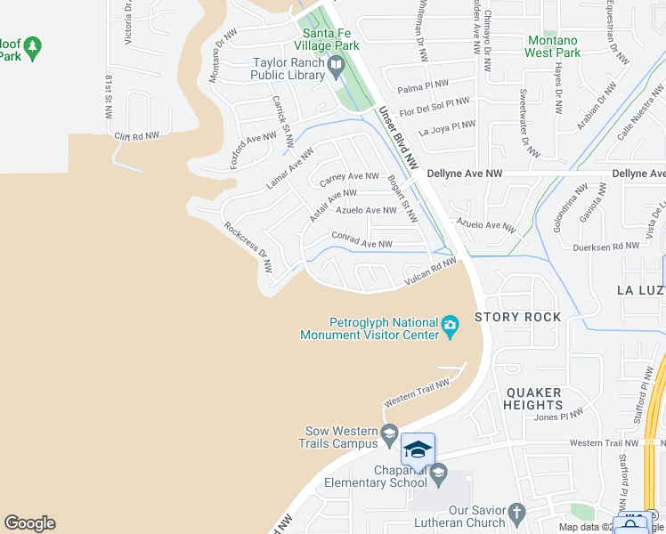 map of restaurants, bars, coffee shops, grocery stores, and more near 4960 Butte Place Northwest in Albuquerque