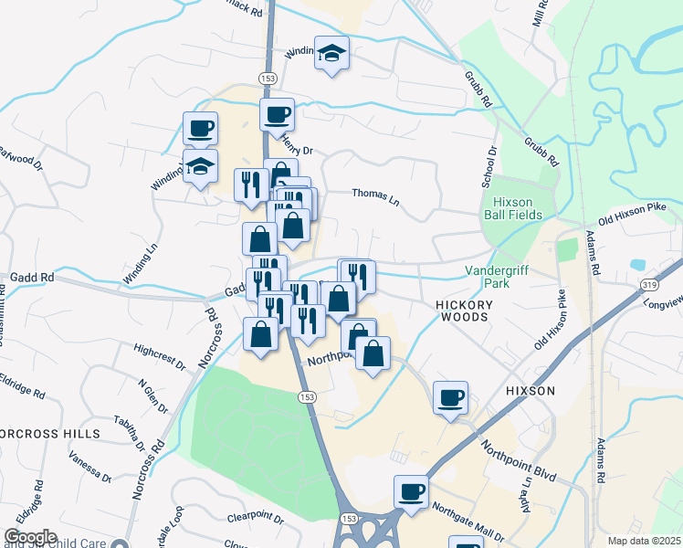 map of restaurants, bars, coffee shops, grocery stores, and more near 1215 Helena Drive in Chattanooga