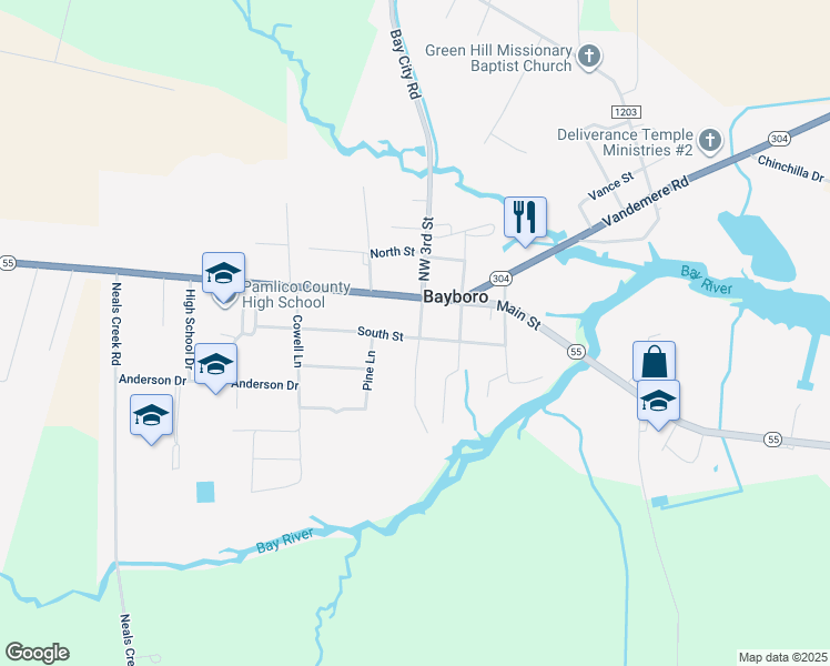 map of restaurants, bars, coffee shops, grocery stores, and more near 108 South 3rd Street in Bayboro