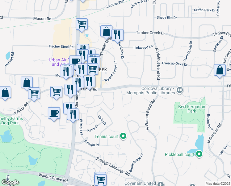 map of restaurants, bars, coffee shops, grocery stores, and more near 594 Arbor Hollow Circle in Memphis