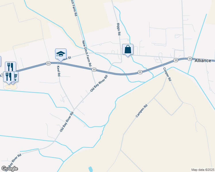 map of restaurants, bars, coffee shops, grocery stores, and more near 1812 Old Bay River Road in Grantsboro