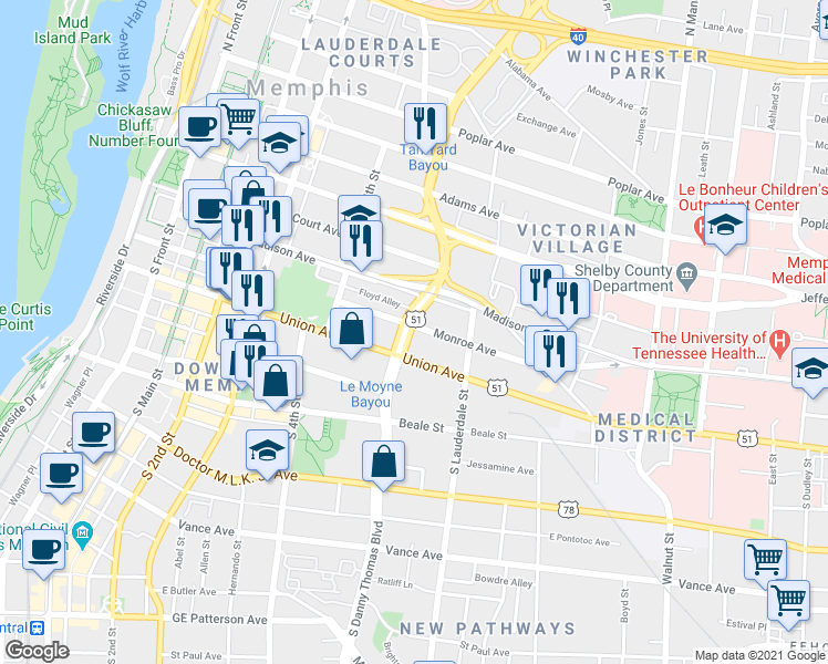 map of restaurants, bars, coffee shops, grocery stores, and more near 109 U.S. 51 in Memphis