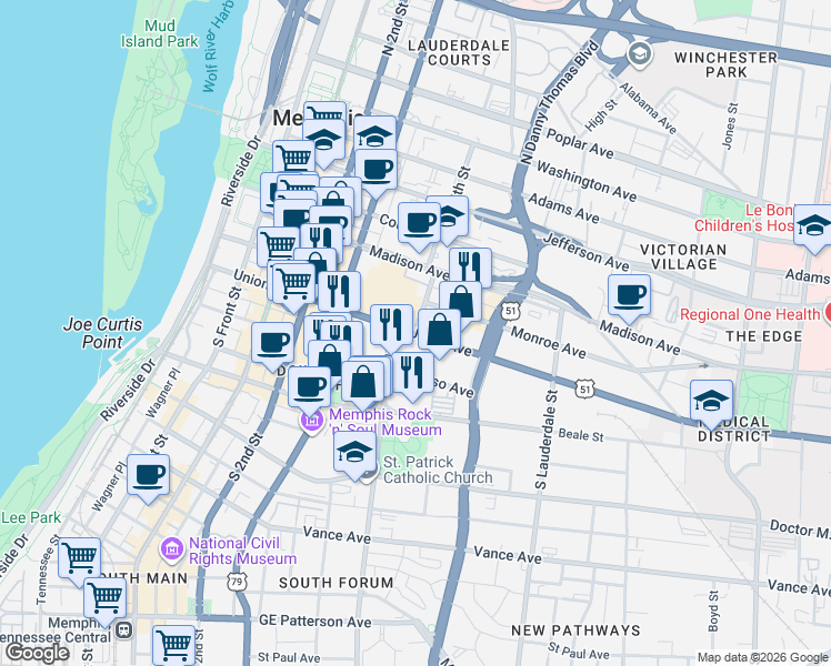 map of restaurants, bars, coffee shops, grocery stores, and more near 73 S 4th St in Memphis