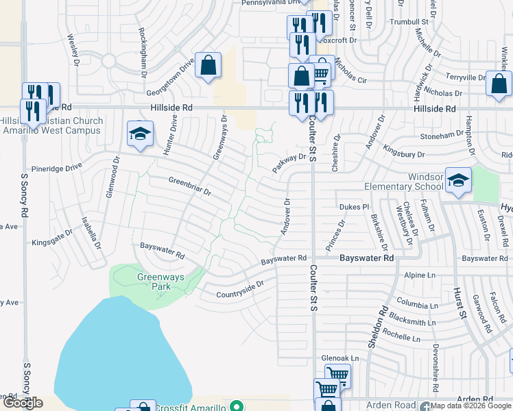 map of restaurants, bars, coffee shops, grocery stores, and more near 7413 Woodmont Drive in Amarillo