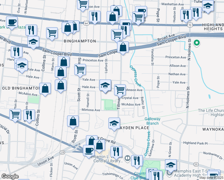 map of restaurants, bars, coffee shops, grocery stores, and more near 2953 Hale Avenue in Memphis