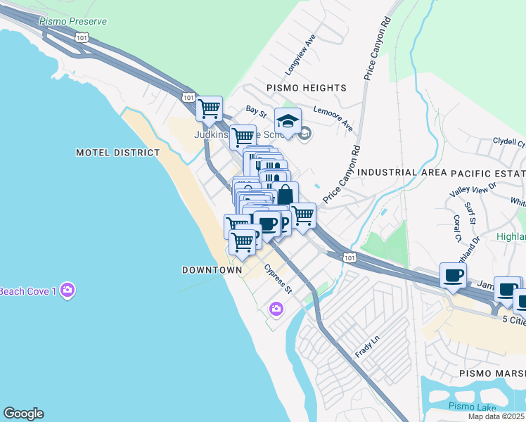 343 Main Street Pismo Beach Ca Walk Score Map Of Restaurants Bars Coffee S Grocery Ore Near 343