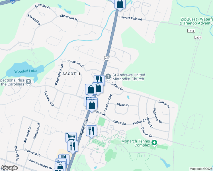 map of restaurants, bars, coffee shops, grocery stores, and more near 112 Lofton Drive in Fayetteville