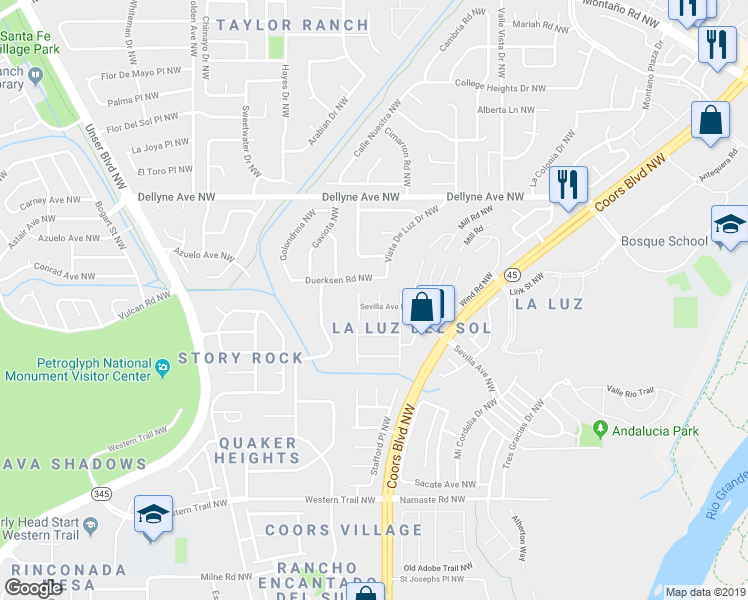 map of restaurants, bars, coffee shops, grocery stores, and more near 5027 Sala De Tomas Drive Northwest in Albuquerque
