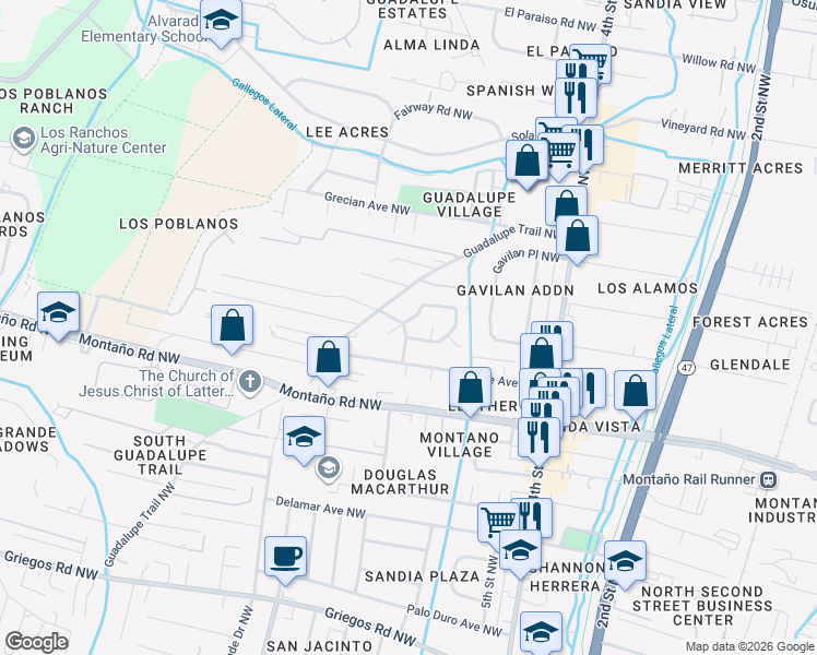 map of restaurants, bars, coffee shops, grocery stores, and more near 5713 Sandia Court Northwest in Albuquerque
