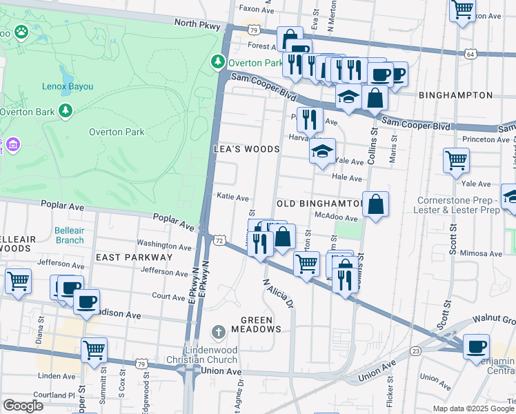 map of restaurants, bars, coffee shops, grocery stores, and more near 233 North Hollywood Street in Memphis