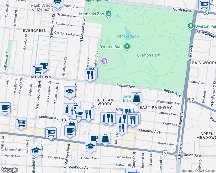 map of restaurants, bars, coffee shops, grocery stores, and more near 1 Belleair Drive in Memphis