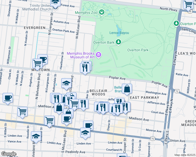 map of restaurants, bars, coffee shops, grocery stores, and more near 1949 Poplar Avenue in Memphis