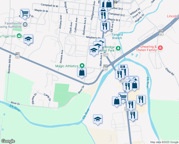 map of restaurants, bars, coffee shops, grocery stores, and more near 207 Sunset Drive in Fayetteville