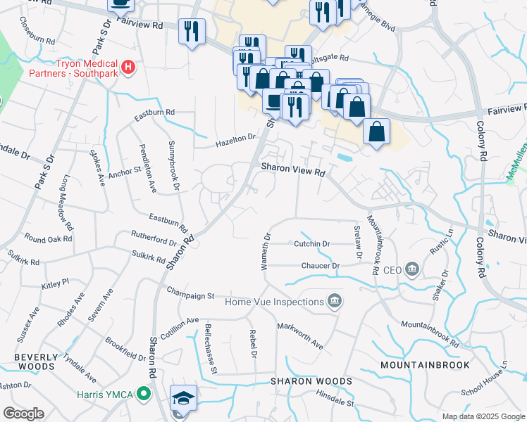 map of restaurants, bars, coffee shops, grocery stores, and more near 5141 Sharon Road in Charlotte