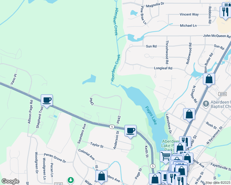 map of restaurants, bars, coffee shops, grocery stores, and more near North Carolina 5 in Aberdeen