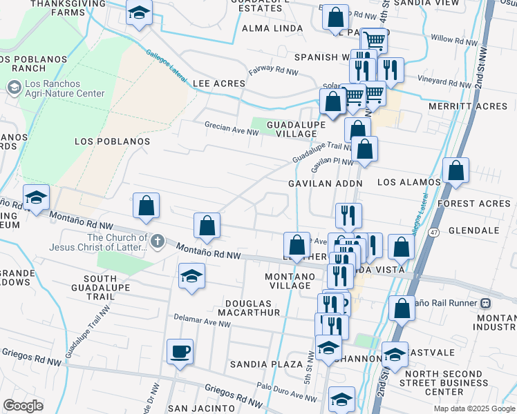map of restaurants, bars, coffee shops, grocery stores, and more near 5713 Sandia Court Northwest in Albuquerque